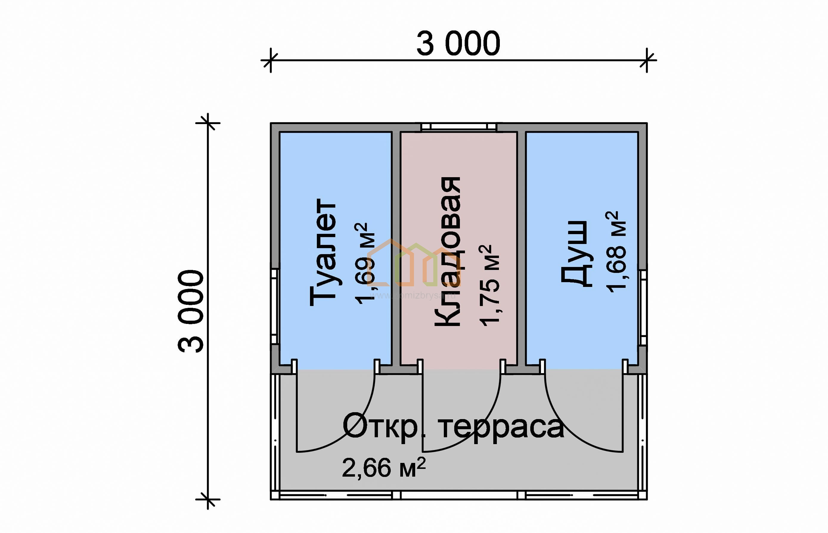 Хозблок с верандой эконом Грета (ЭСС) 3х3 Площадь: 9 м² с верандой со  сборкой на участке с душем, туалетом и кладовкой под ключ в Тутаеве